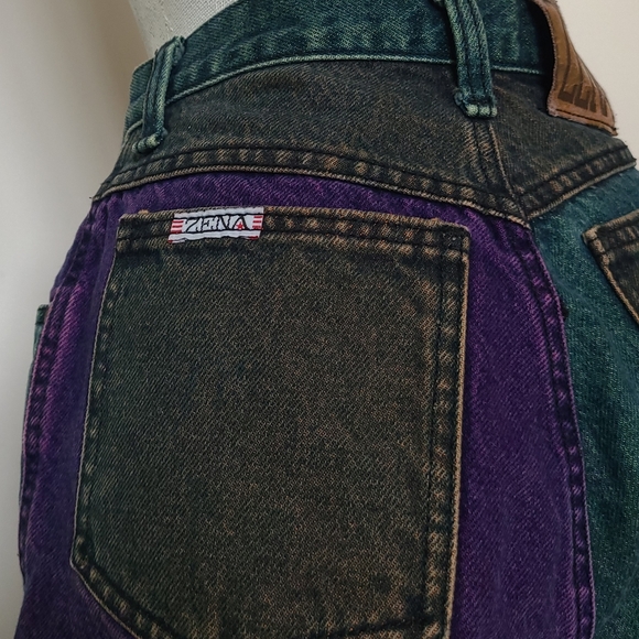 ZENA - Vintage Colourblock Highwasted Jean Shorts - Size 3 - Picture 2 of 8